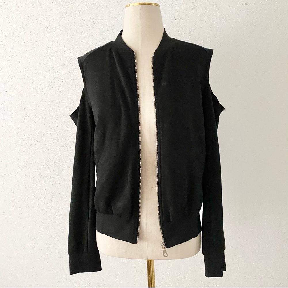 DREW Women's Size Small Black Cut-Out Cold Shoulder Zip Up Knit Bomber Jacket